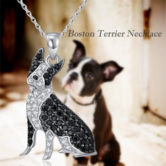 Boston Terrier Dog Breed Rhodium Plated Sterling Silver CZ Stone Necklace NEW - Picture 5 of 11